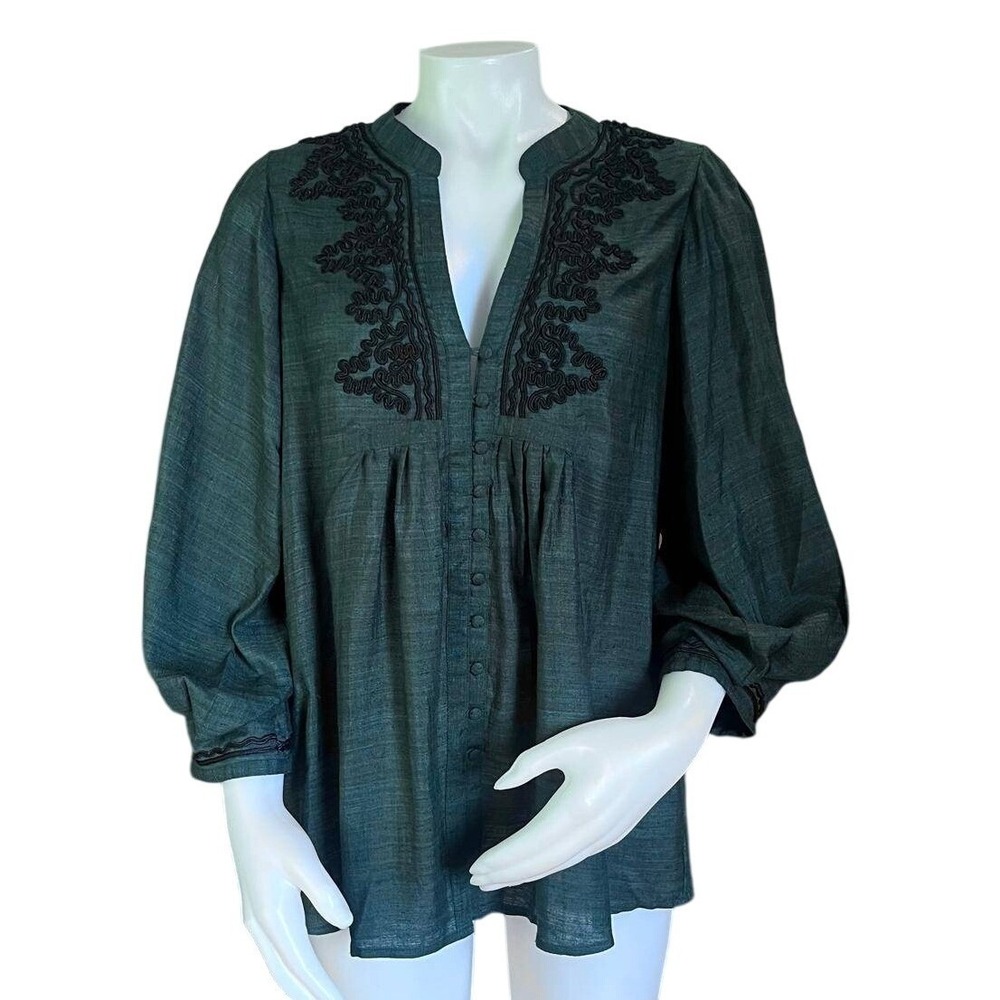 Joie Forest Green Raw Silk Embroidered Soutache Tunic Medium Boho Holiday Blouse
